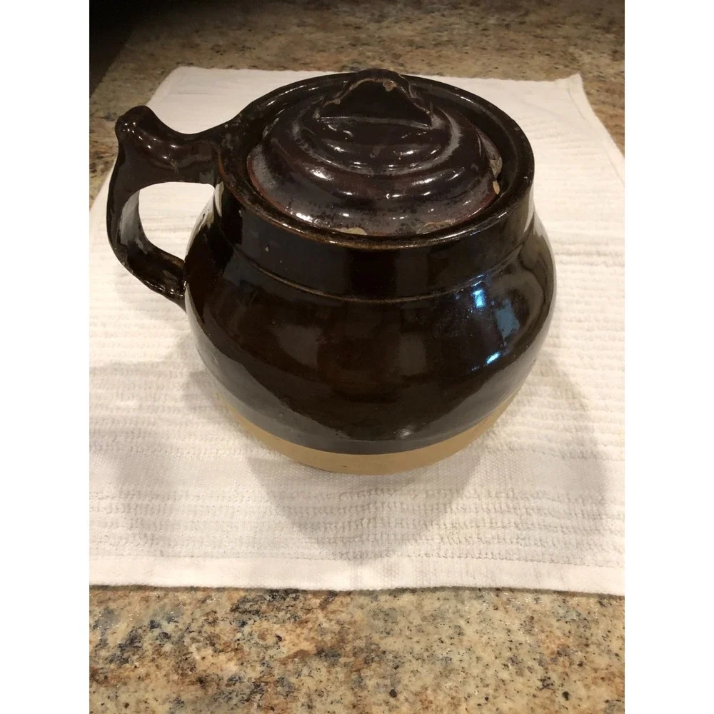 Antique Stoneware Bean Pot With Lid